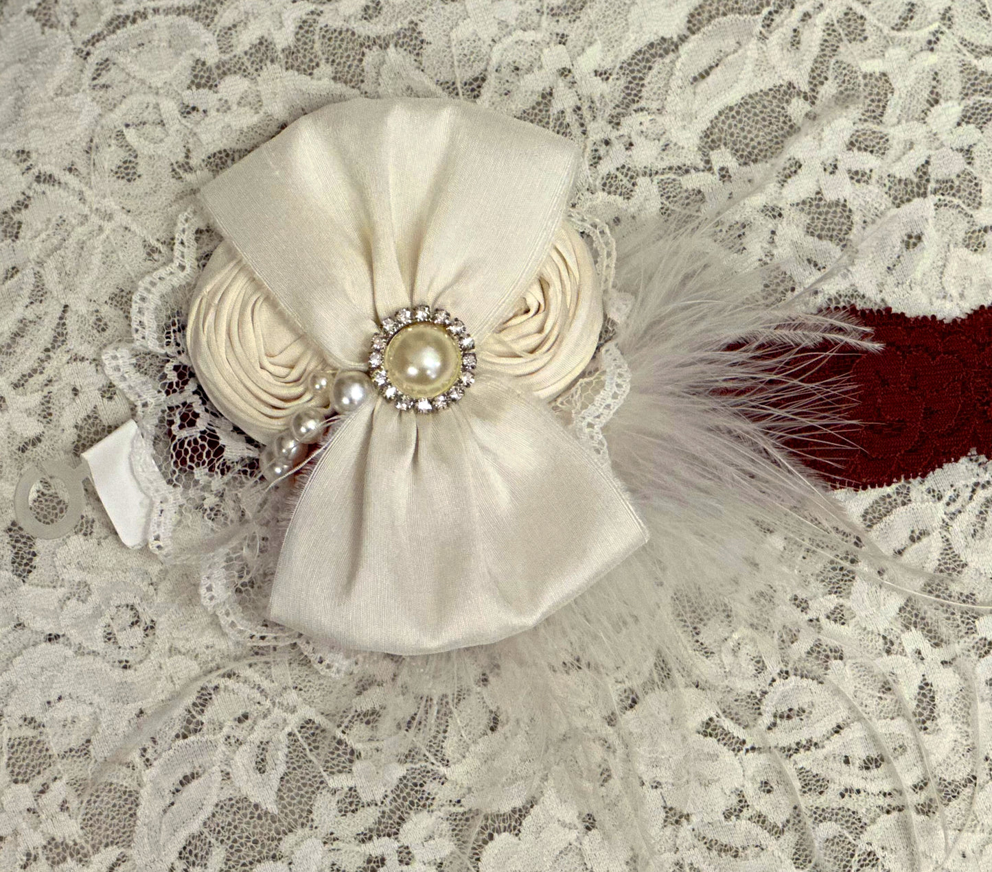 Burgundy Lace Headband with Silk Bow, Rosettes, Flowers
