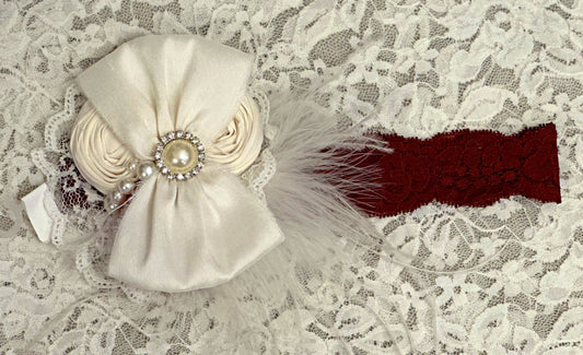 Burgundy Lace Headband with Silk Bow, Rosettes, Flowers