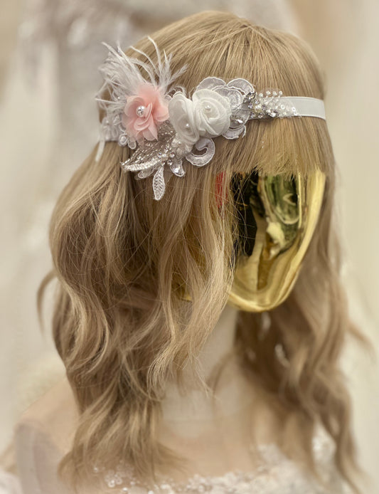 Girl Pearl Lace Headpiece w/Feathers
