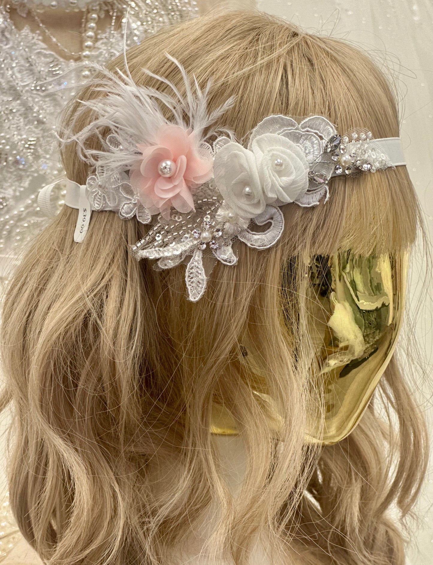 Girl Pearl Lace Headpiece w/Feathers