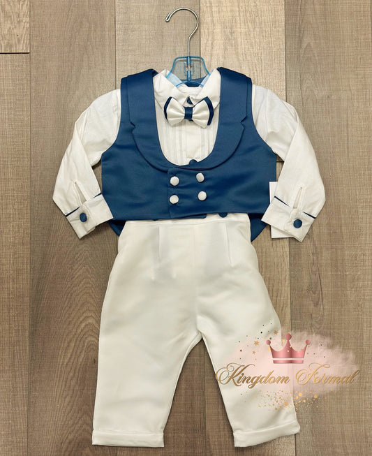 Infant 4pc Satin Pants Set White w/Blue