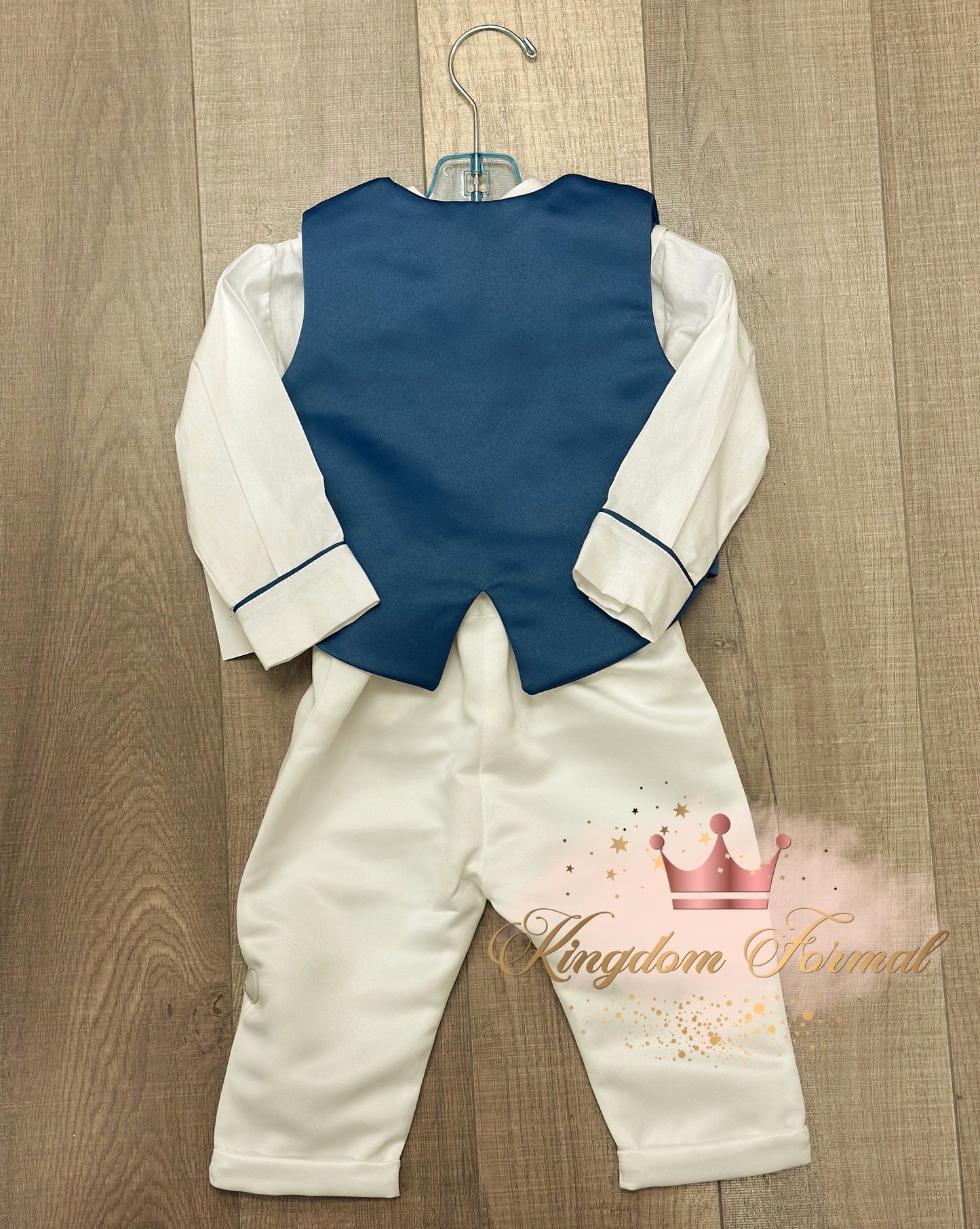 Infant 4pc Satin Pants Set White w/Blue