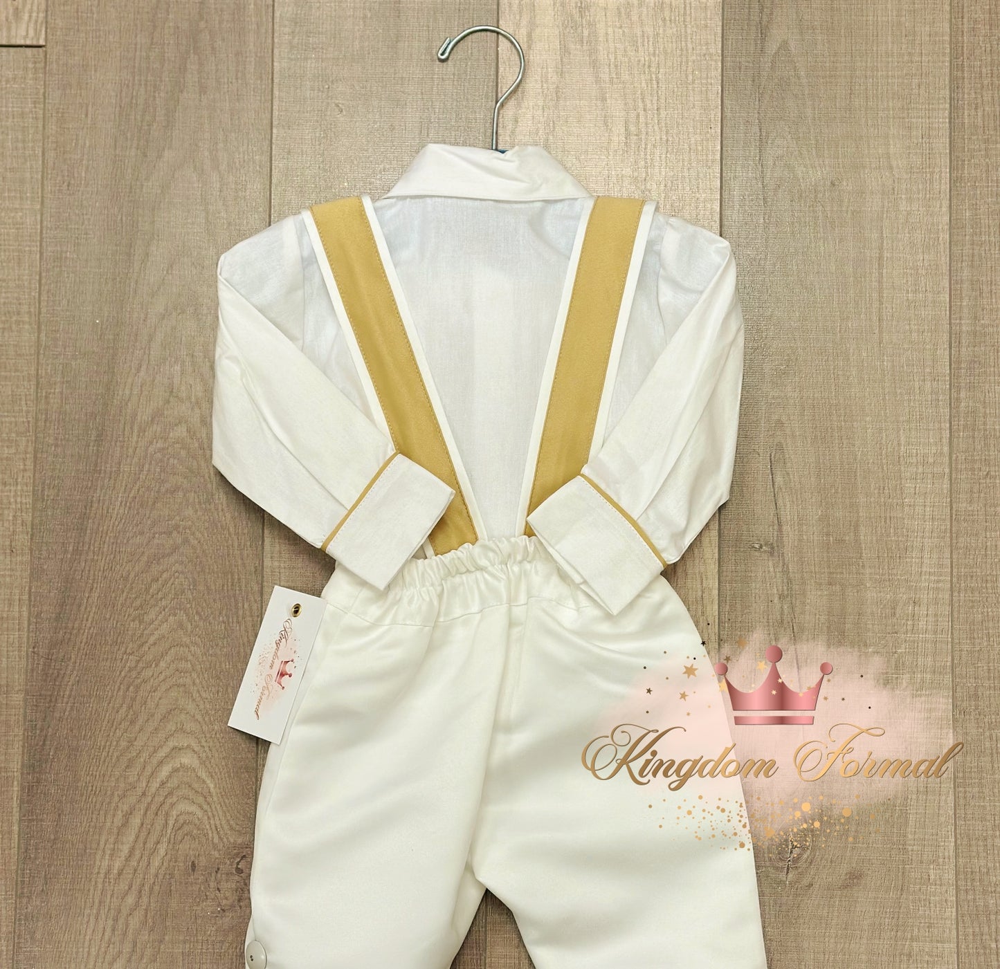 Infant 3pc Satin Pants Set White w/Gold