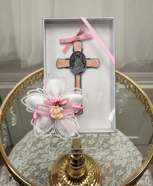 Guardian Angel Cross Pewter Pink