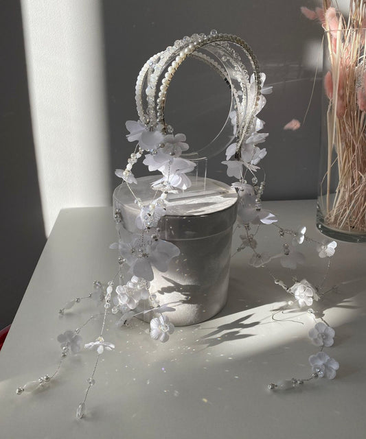 AB Beaded Hairband w/Falling Flowers, Pearls