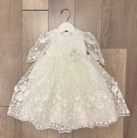 P.Daliana Embroidered Dress w/Floral Applique/Bonnet