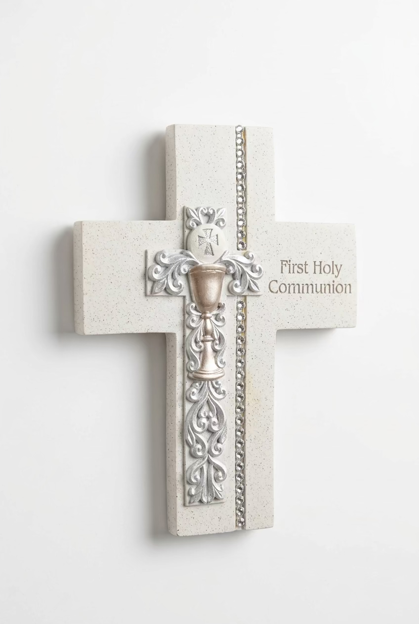 7.5"H COMMUNION WALL CROSS SILVER SCROLL