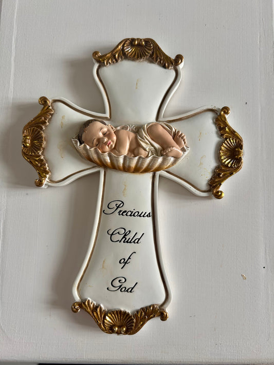 7.5" BAPTISM BABY WALL CROSS JOSEPH'S STUDIO -BABY IN SHELL
