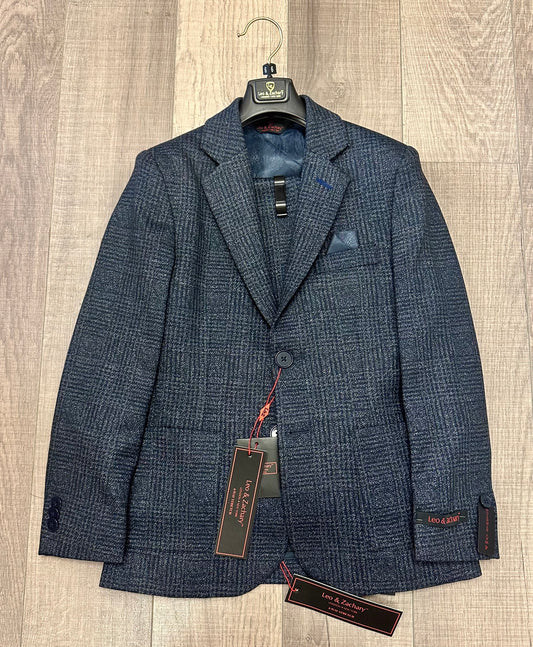 Leo & Zachary Navy/Grey Plaid Stretch Blazer/Pant Set