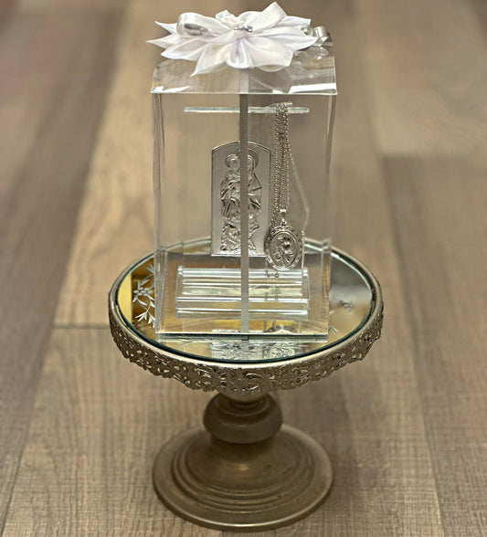 Virgin Mary Glass Plaque with Locket