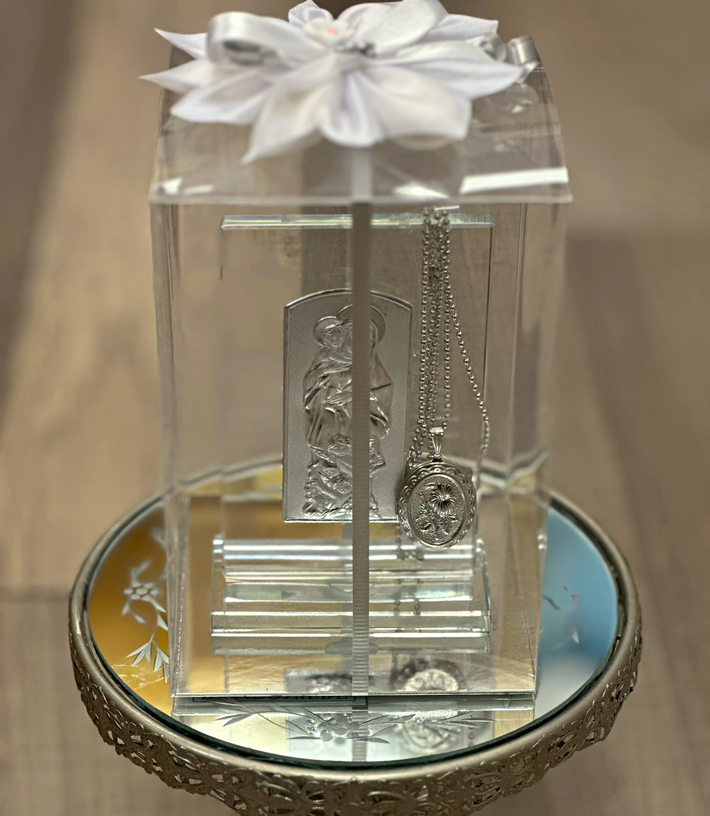 Virgin Mary Glass Plaque with Locket