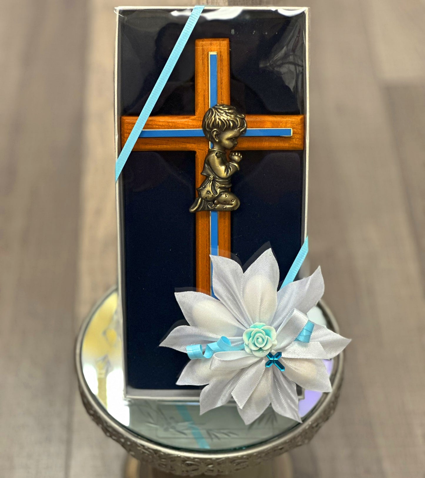 Baby Boy Cross Oak/Brass Blue