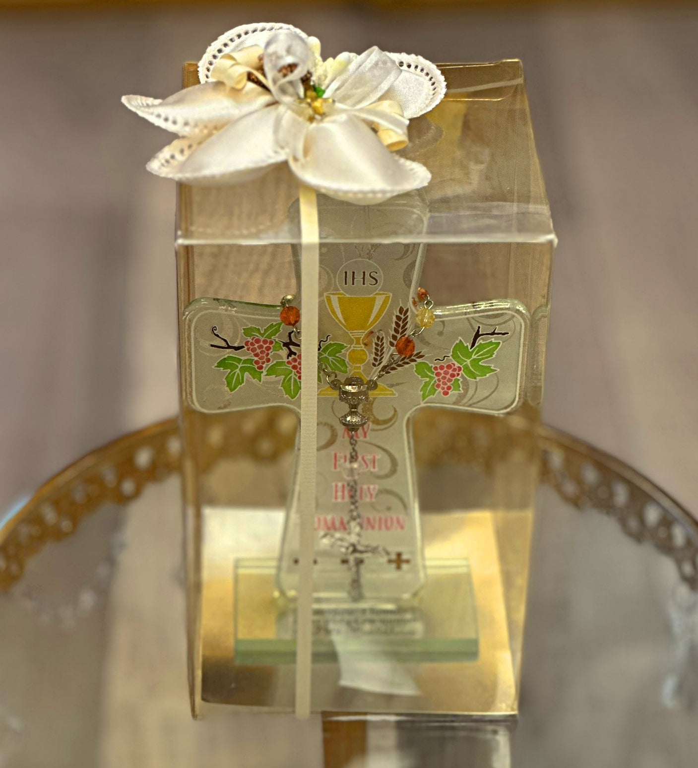 First Communion Glass Cross w/Decade Rosary