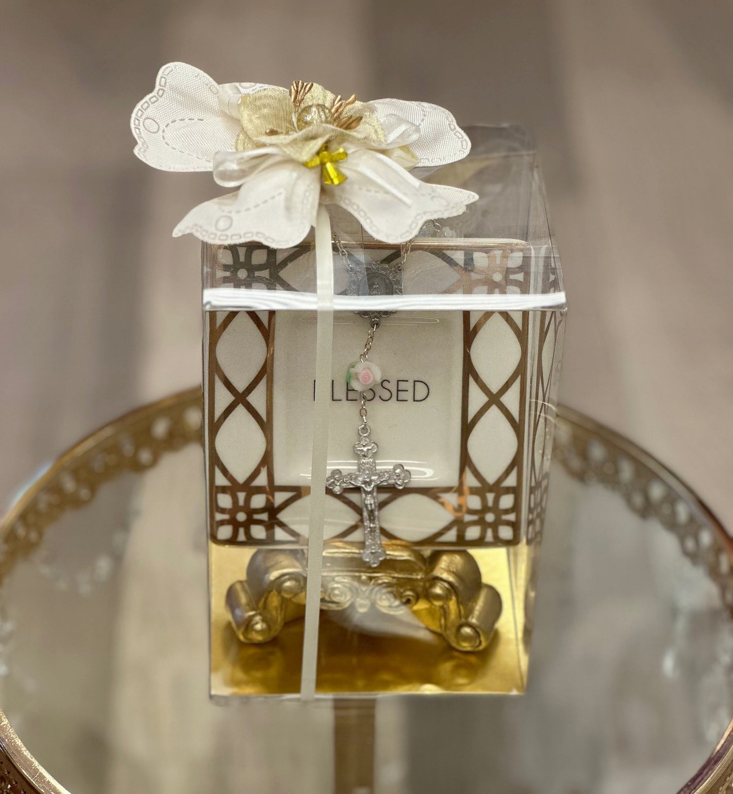 4" Blessed Tray/Gold Easel/Decade Rosary