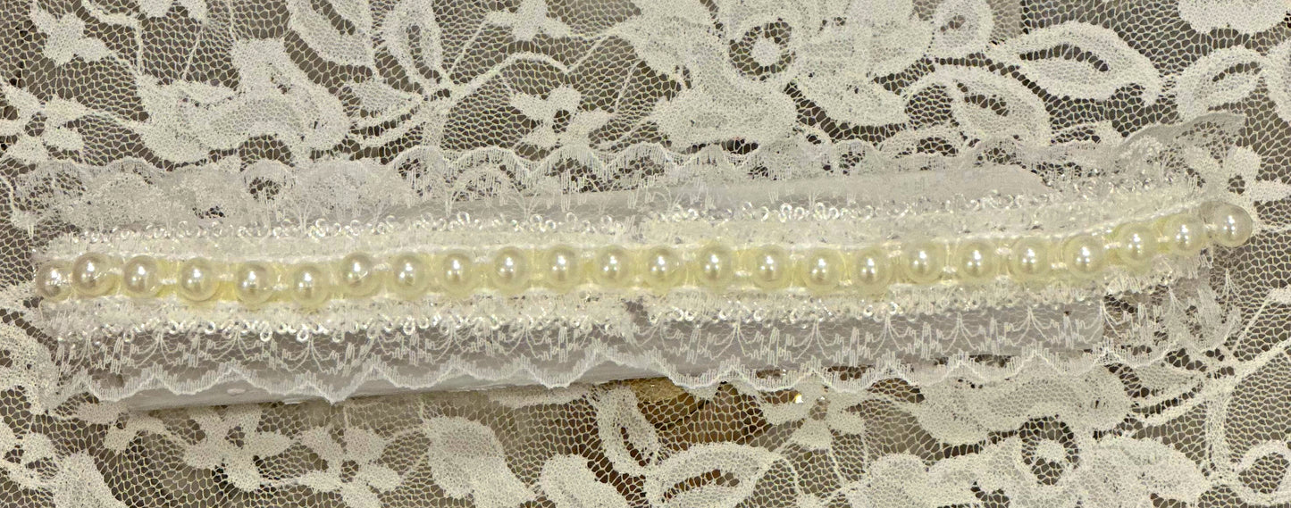 Infant Lace Headband with Lace, Pearl Trim