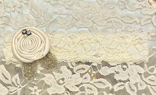 Lace Headband with Rolled Rosette, Rhinestone