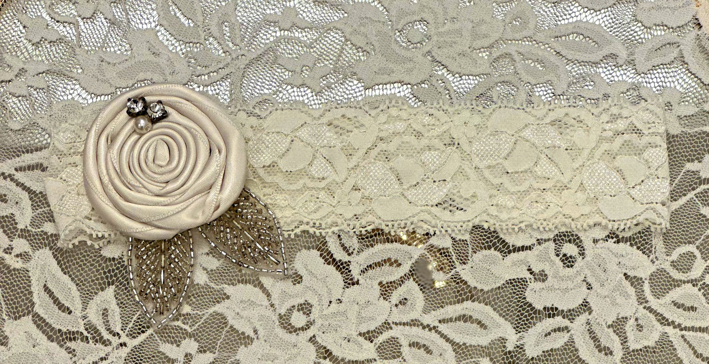 Lace Headband with Rolled Rosette, Rhinestone