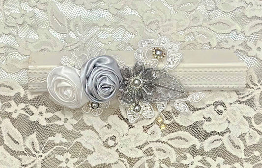 Infant Lace Headband with Silver Applique