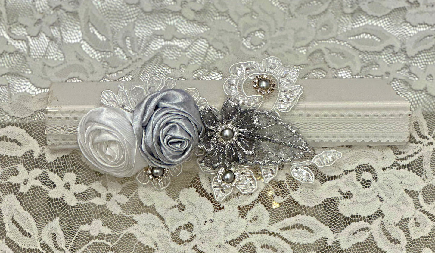 Infant Lace Headband with Silver Applique