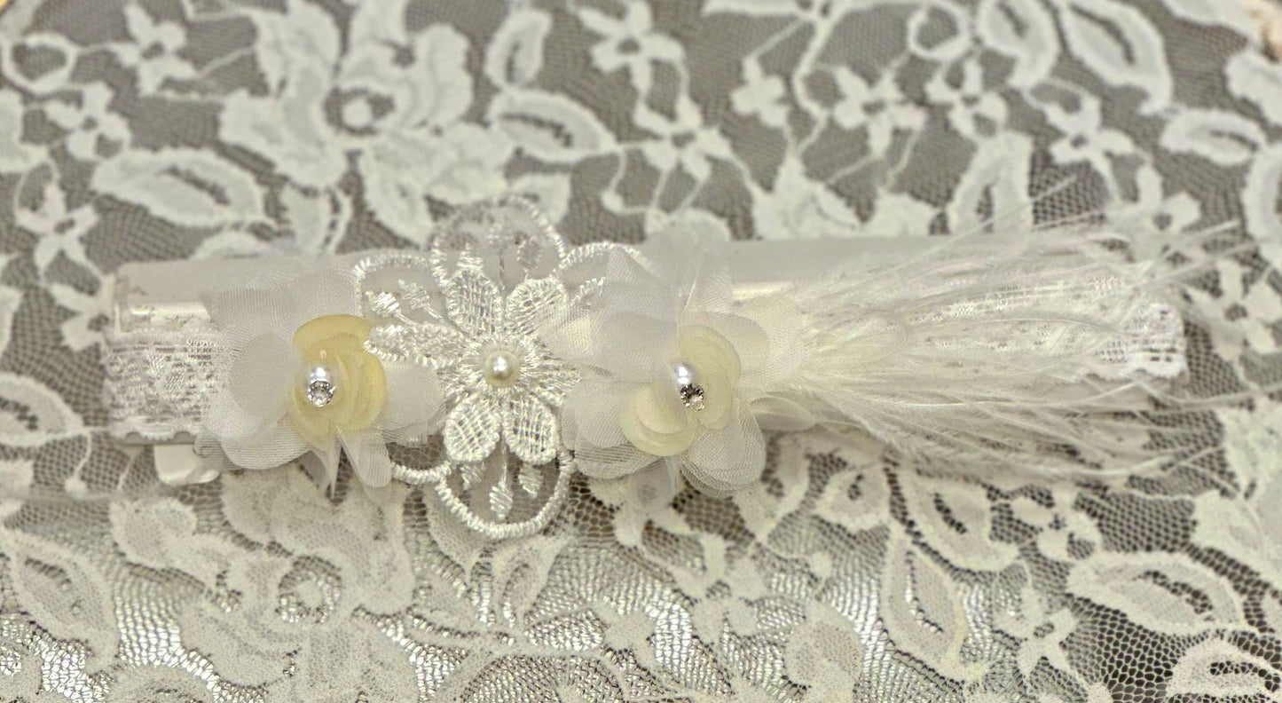 Infant Lace Headband with Flowers, Feather