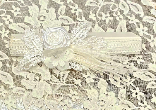 Infant Lace Headband with Flowers, Feathers