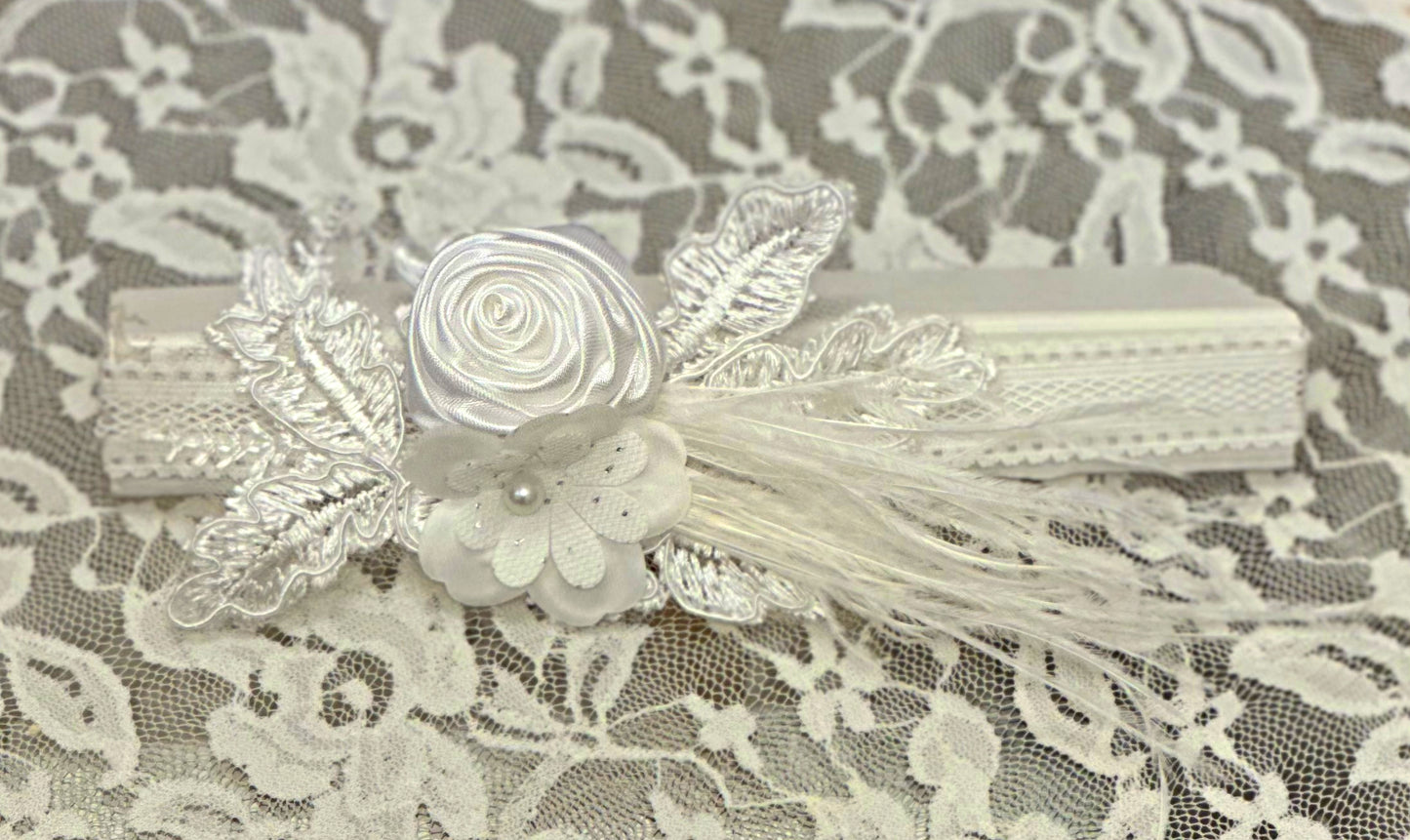 Infant Lace Headband with Flowers, Feathers