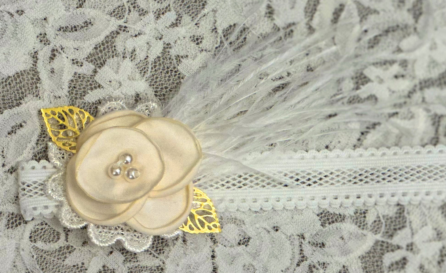 White Lace Headband with Flowers/Feathers