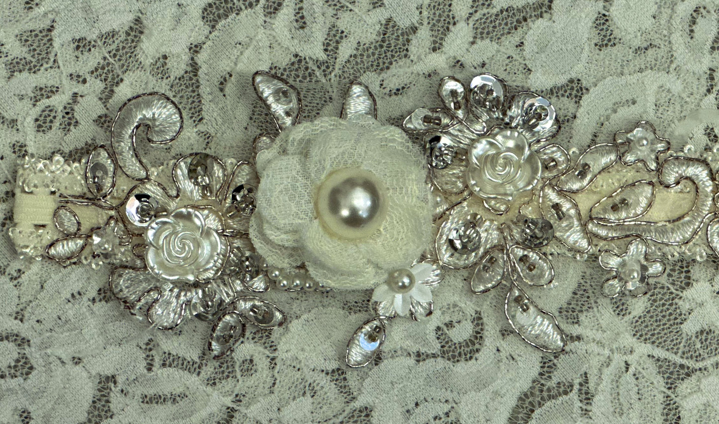 Ivory Lace Headband with Roses, Applique