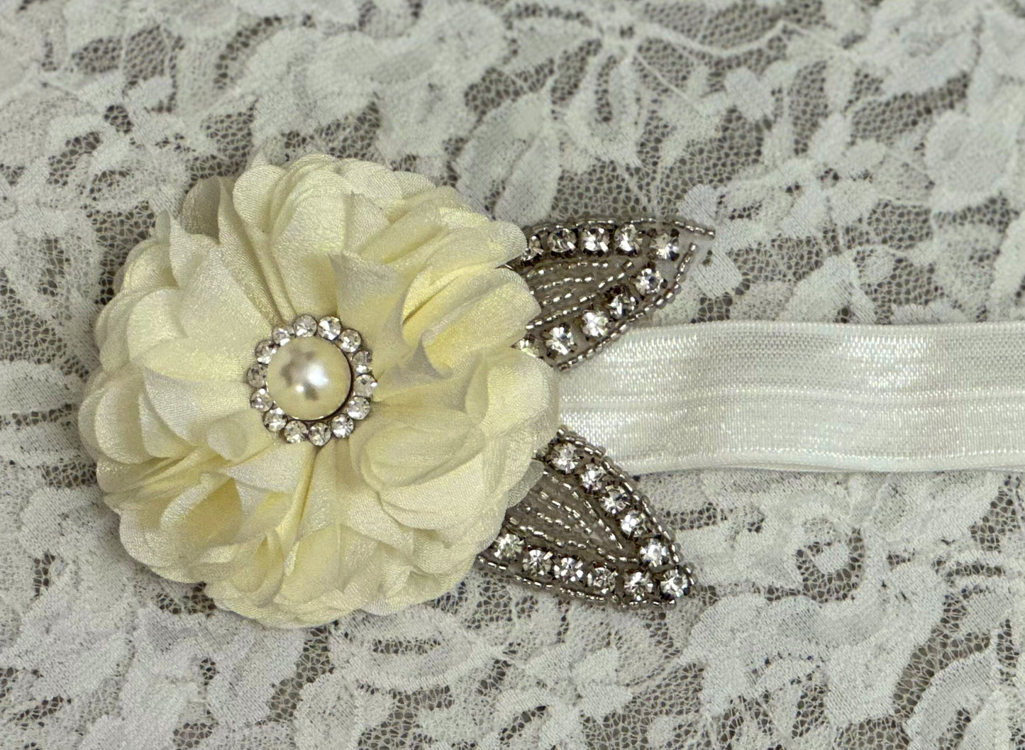 White Headband with Ivory Rose, Applique