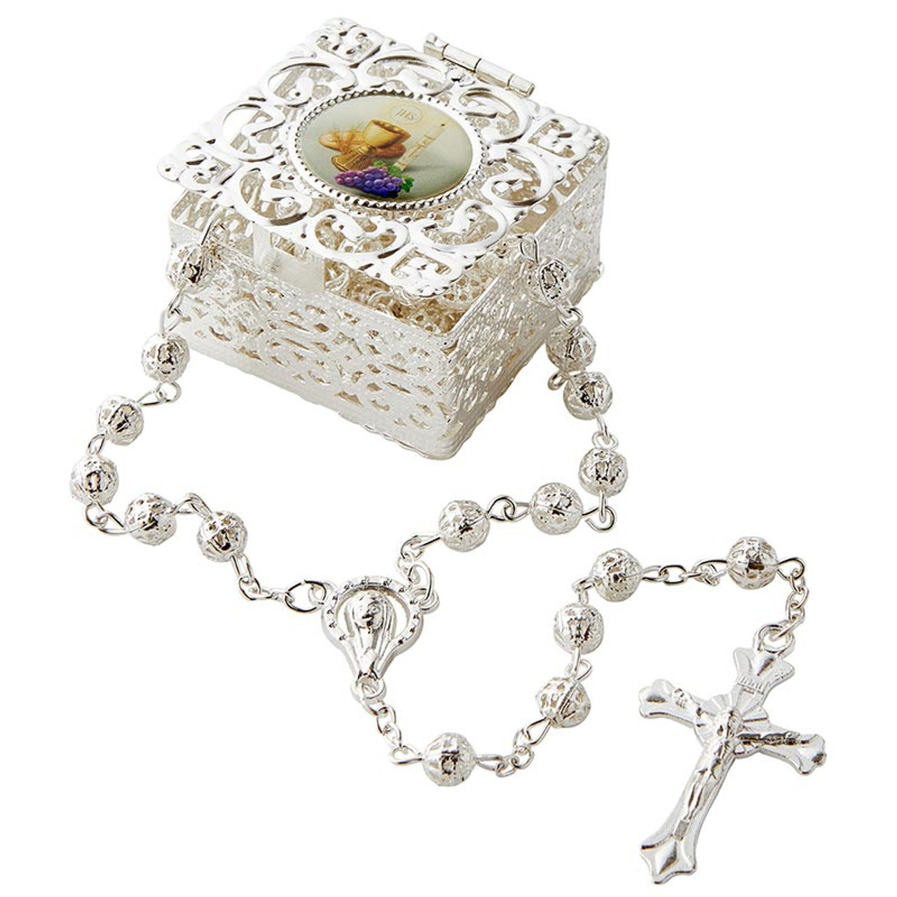 Light of Christ First Communion Rosary with Filigree Metal Case