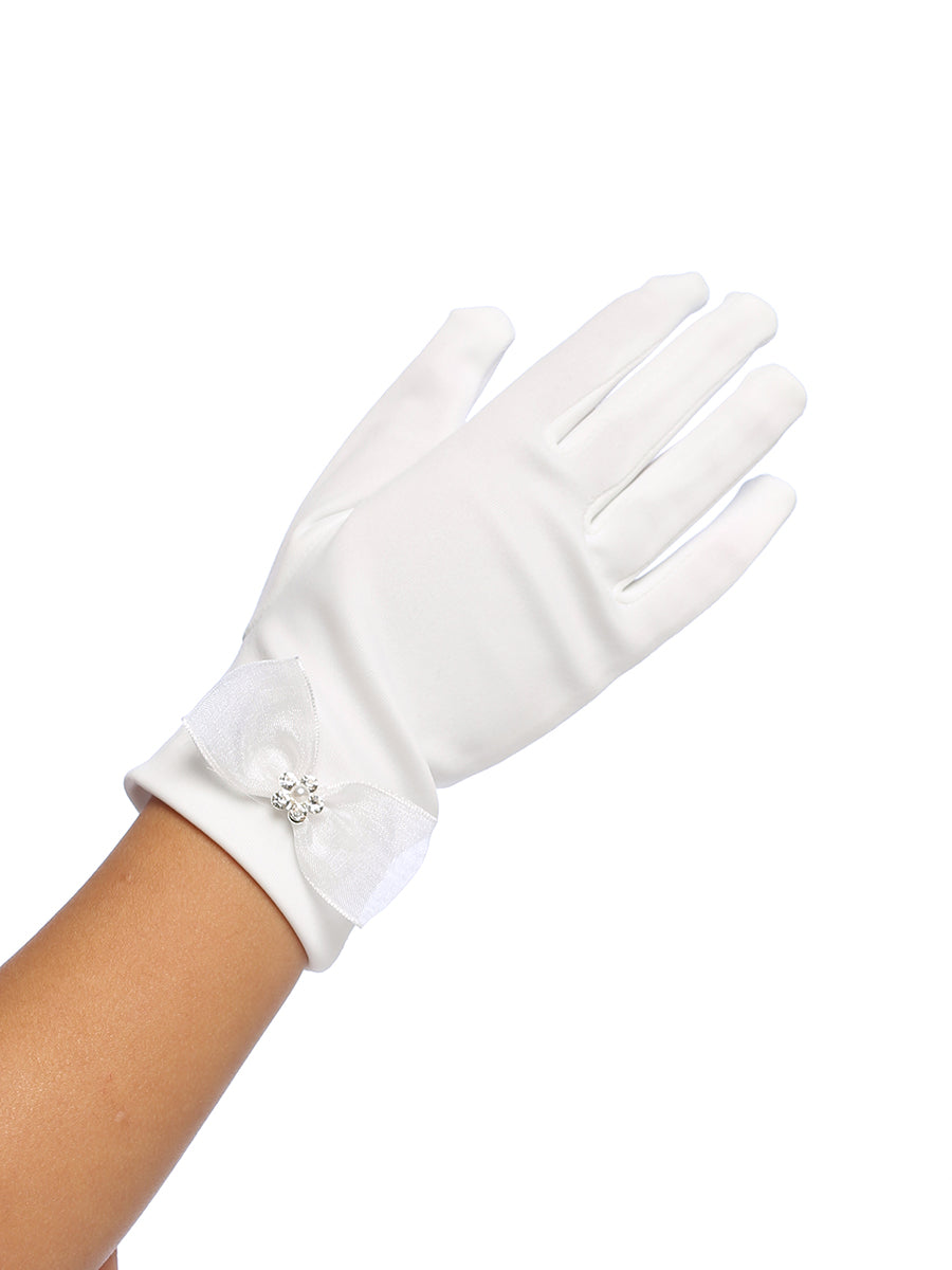 Matte Gloves with Organza Bow/Rhinestone Center
