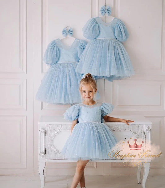 Girls Tulle Dress w/Pearls, Matching Bow