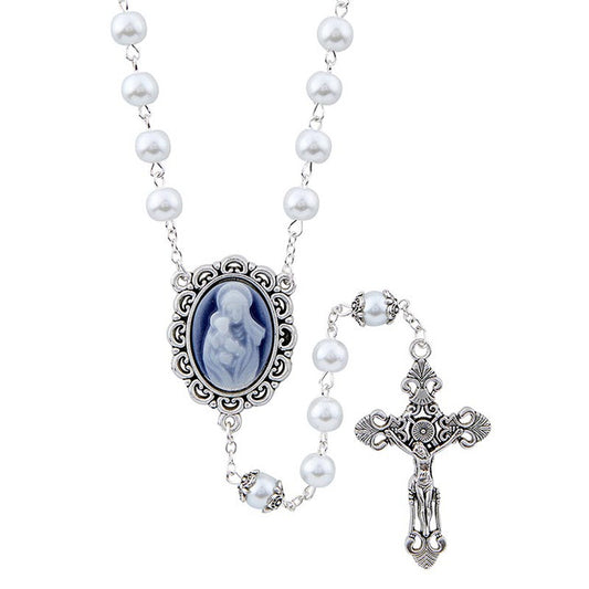 Madonna & Child Cameo Rosary White