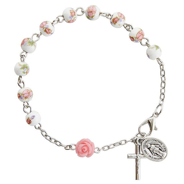 Pink Floral Ceramic Rosary Bracelet