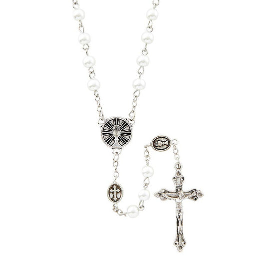 First Communion White Glass Rosary