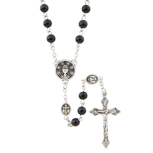 First Communion Black Glass Rosary