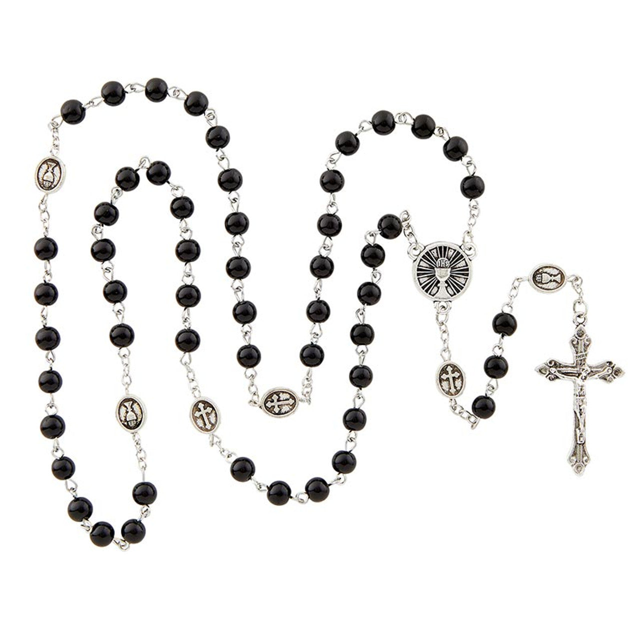First Communion Black Glass Rosary