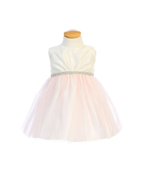 Pleated satin top with two-tone crystal tulle skirt, delicate rhinestone detail waist trim