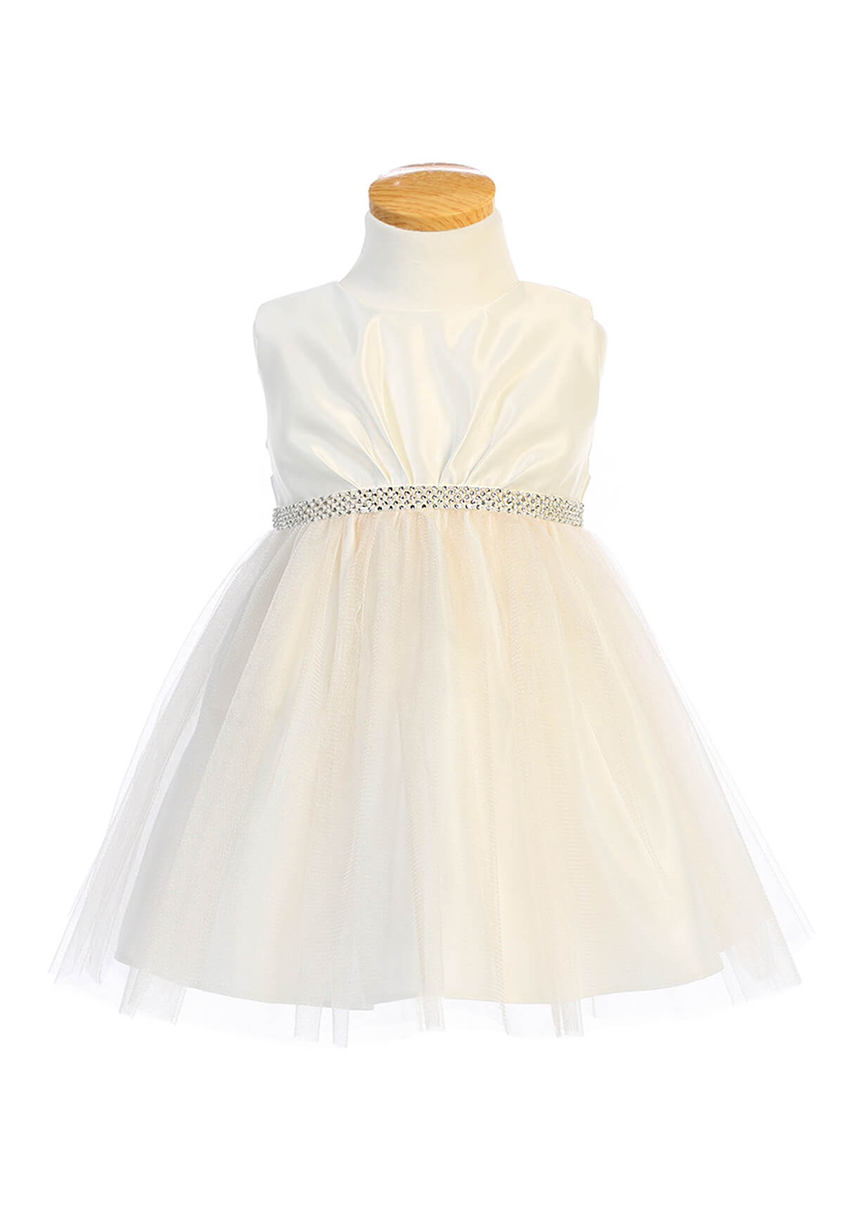 Pleated satin top with two-tone crystal tulle skirt, delicate rhinestone detail waist trim
