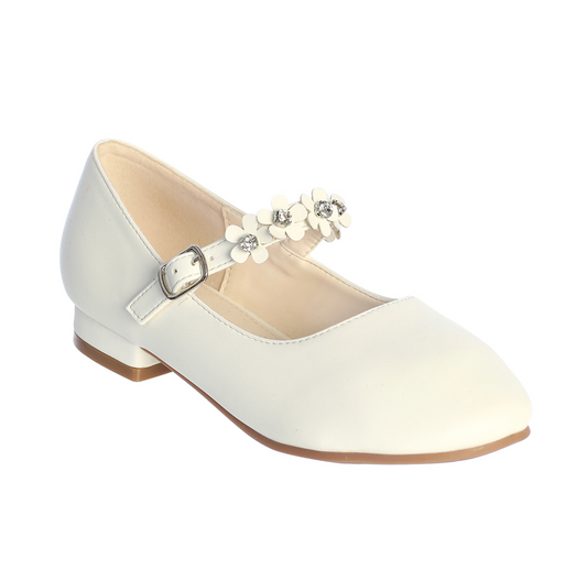 Girls Beautiful Leatherette Shoes with Flowers Across the Strap