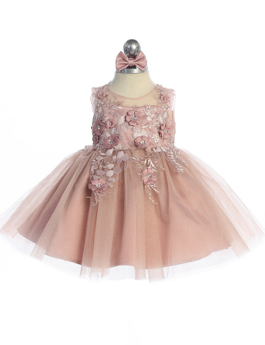 Infant Dress with 3D Floral Bodice with Glitter Tulle Skirt