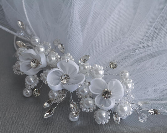 24" Veil on comb - Organza flowers and rhinestones, pearls and crystals