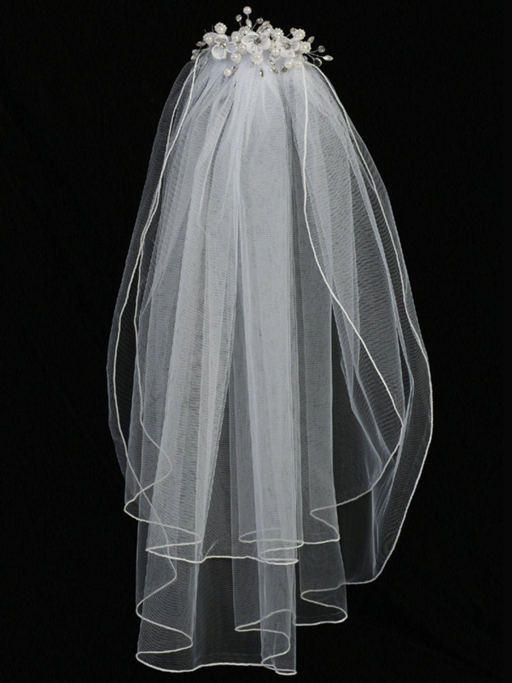24" Veil on comb - Organza flowers and rhinestones, pearls and crystals