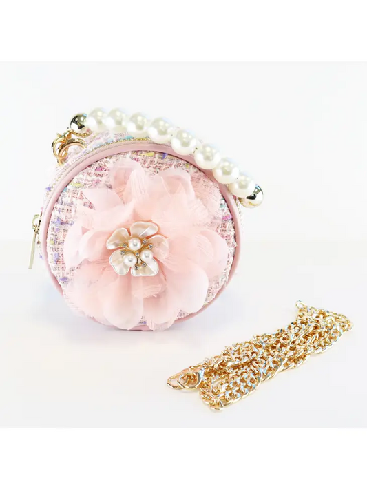 Pink Flower Round Tweed Purse