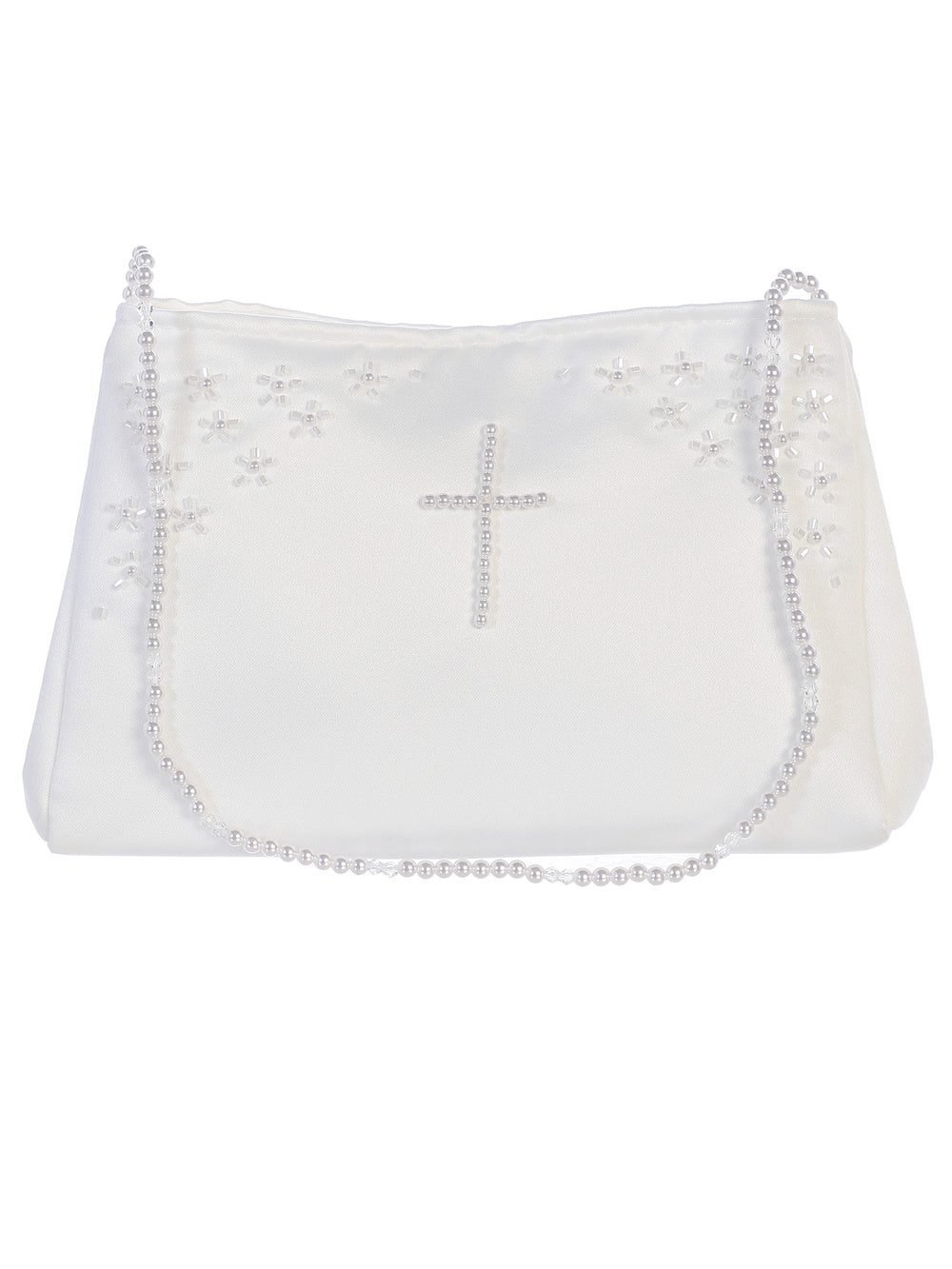 Girls Satin Purse with a Pearl Cross and Bead Accents. Has a Pearl and Bead Strap
