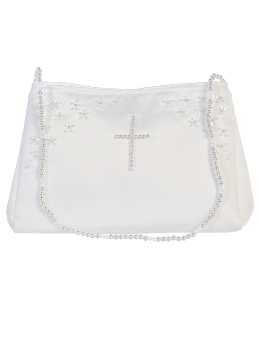 Girls Satin Purse with a Pearl Cross and Bead Accents. Has a Pearl and Bead Strap