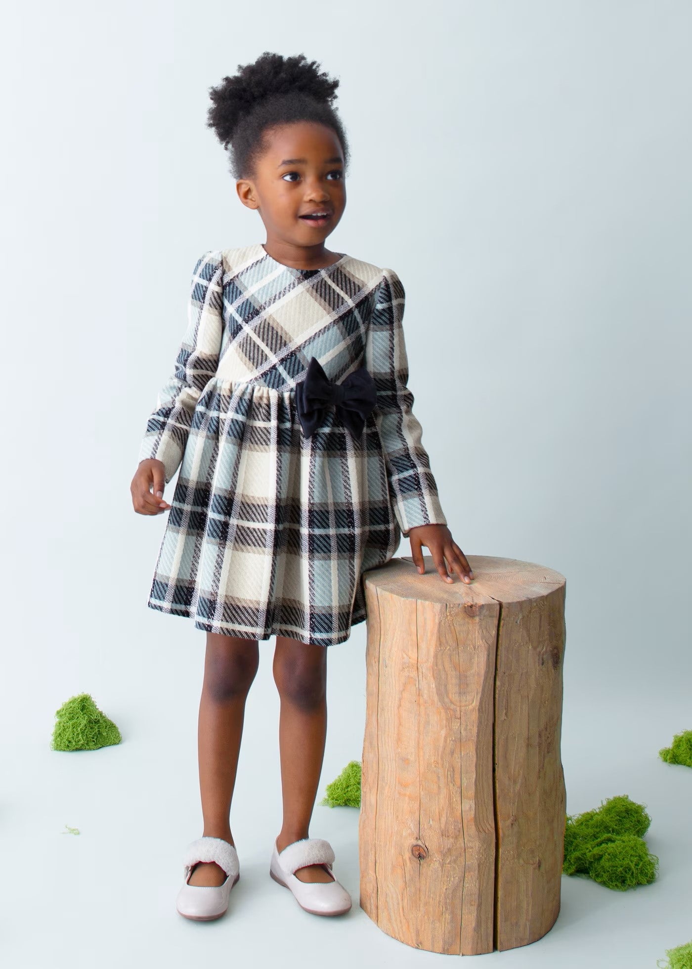 Mayoral Plaid Dress w/Velvet Bow
