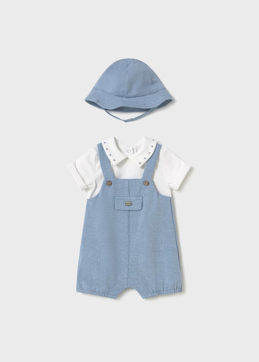 Mayoral Newborn Simulated Dungaree Romper with Hat