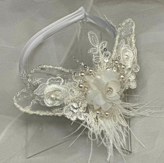 Satin Headband w/Flowers/Feathers