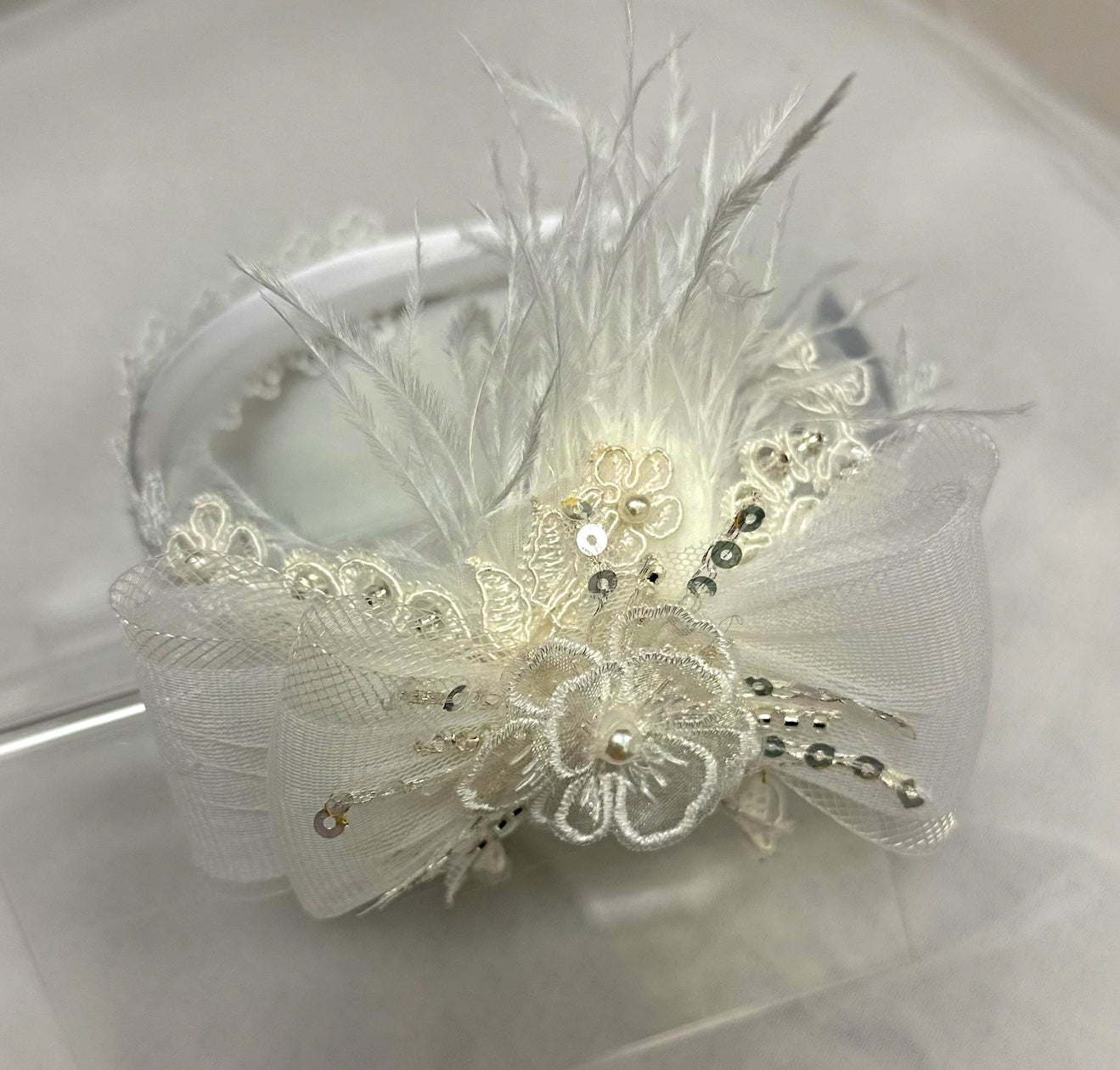 Satin Headband w/Sheer Bow/Beads/Applique